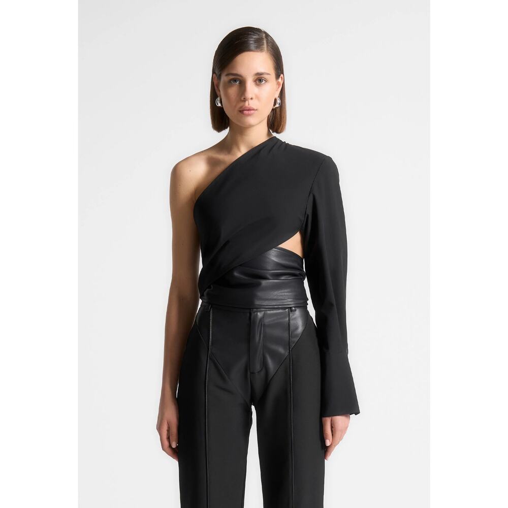 NWT Maniere De Voir 8 One Sleeve Faux Leather Wrap Top Black